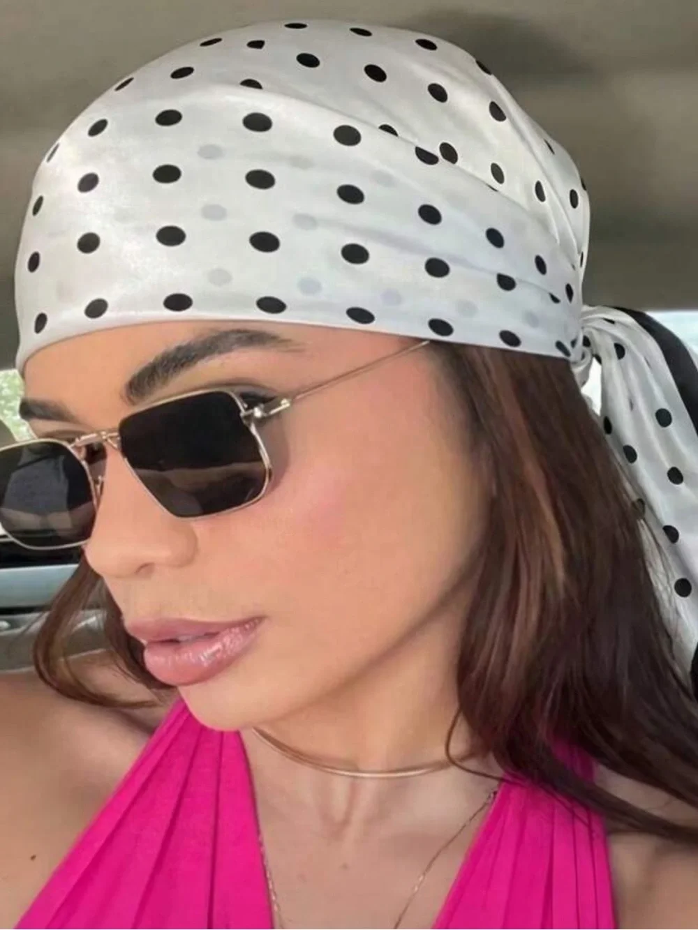 Polka Dot White and Black Satin Head Scarf - Women's Accessory